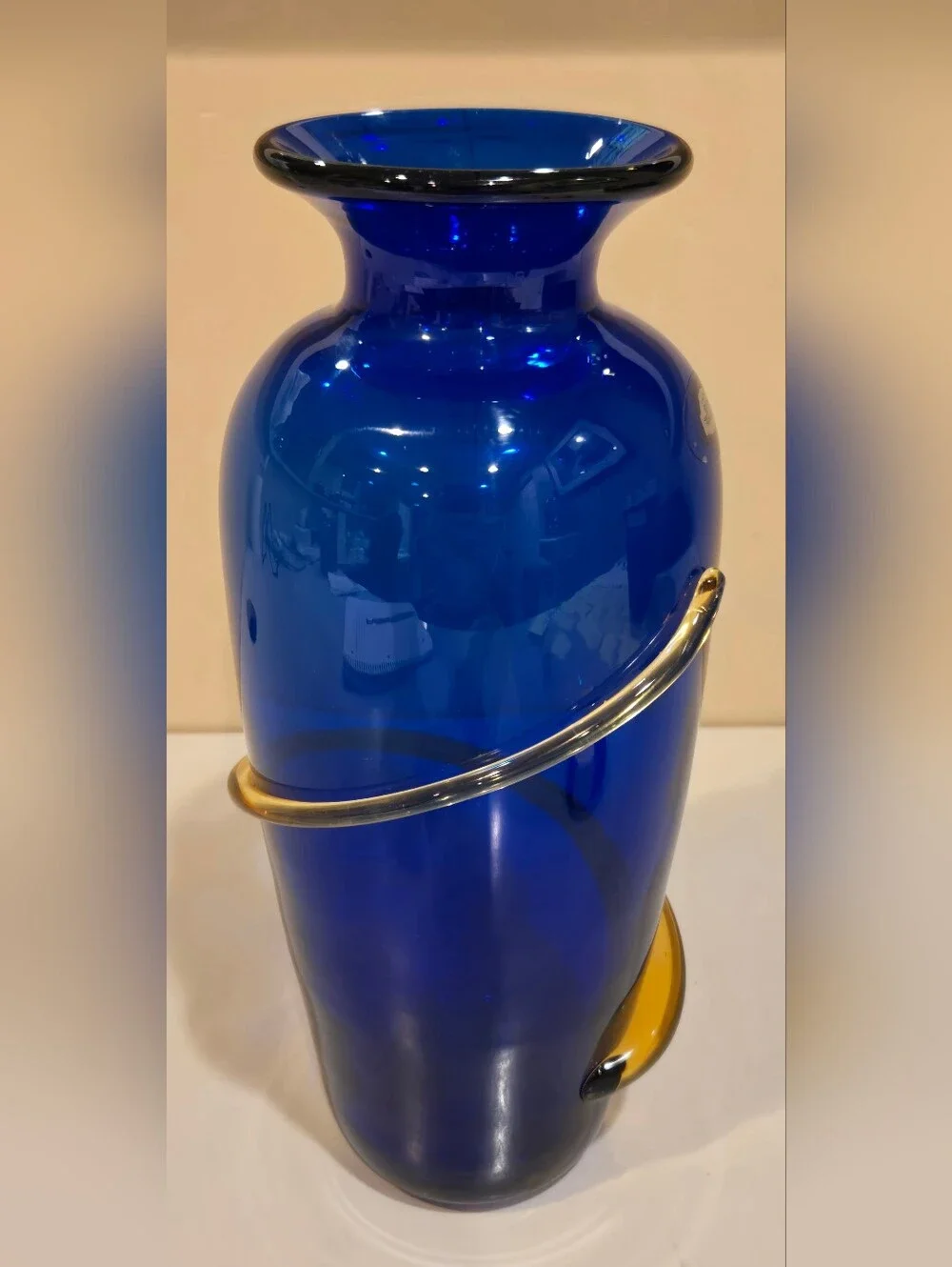 Signed Richard Blenko Cobalt Blue Glass Vase with Amber Spiral Accent